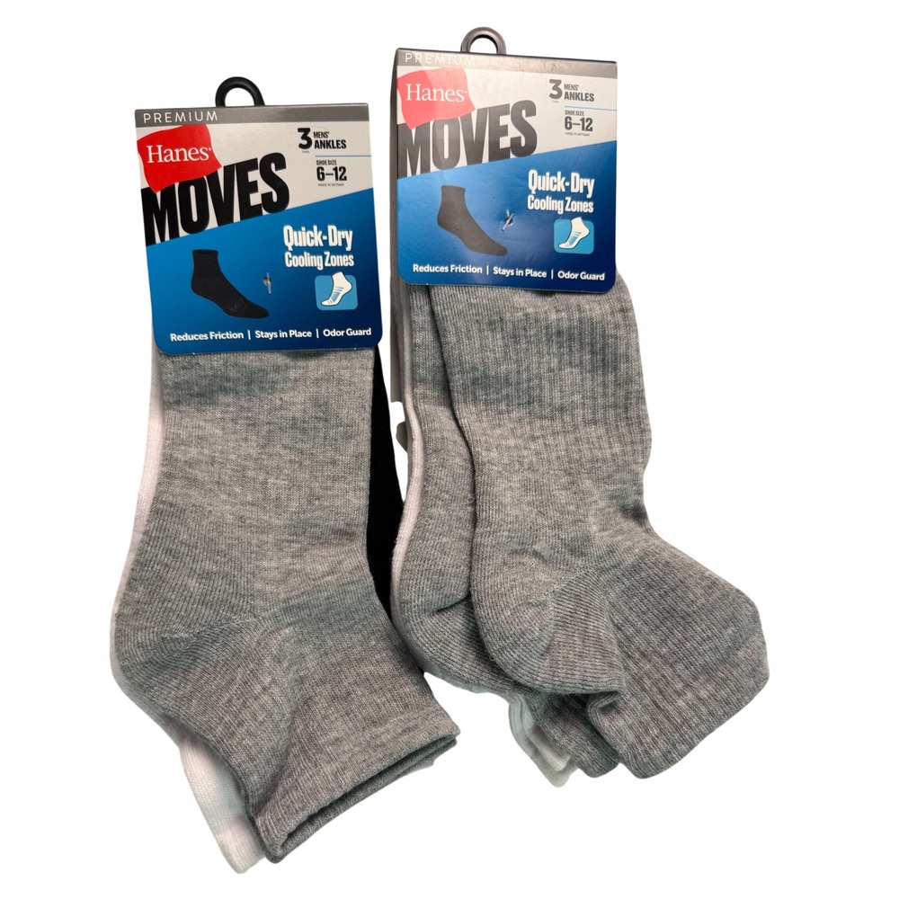 Hanes Moves Mens Ankle‎ Socks 6 Pair Lot Quick-Dry Cooling Black White Grey 6-12